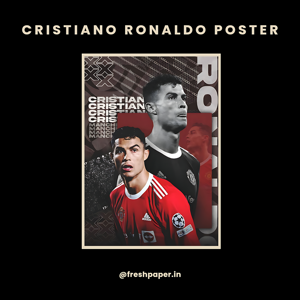 Cristiano Ronaldo poster with multiple images and text on a black background