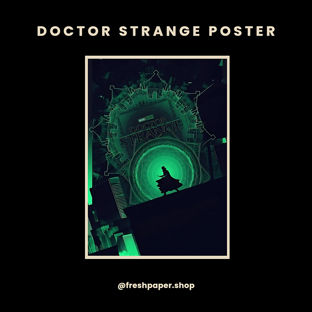 Doctor Strange poster with silhouette standing before glowing emerald green portal and folding city architecture — premium A4 Marvel wall art by FreshPaper