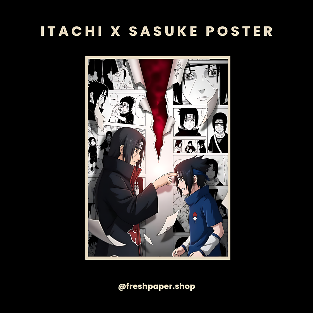 Itachi and Sasuke Uchiha brothers poster with crimson tear, manga panels, and forehead poke — premium A4 anime wall art by FreshPaper