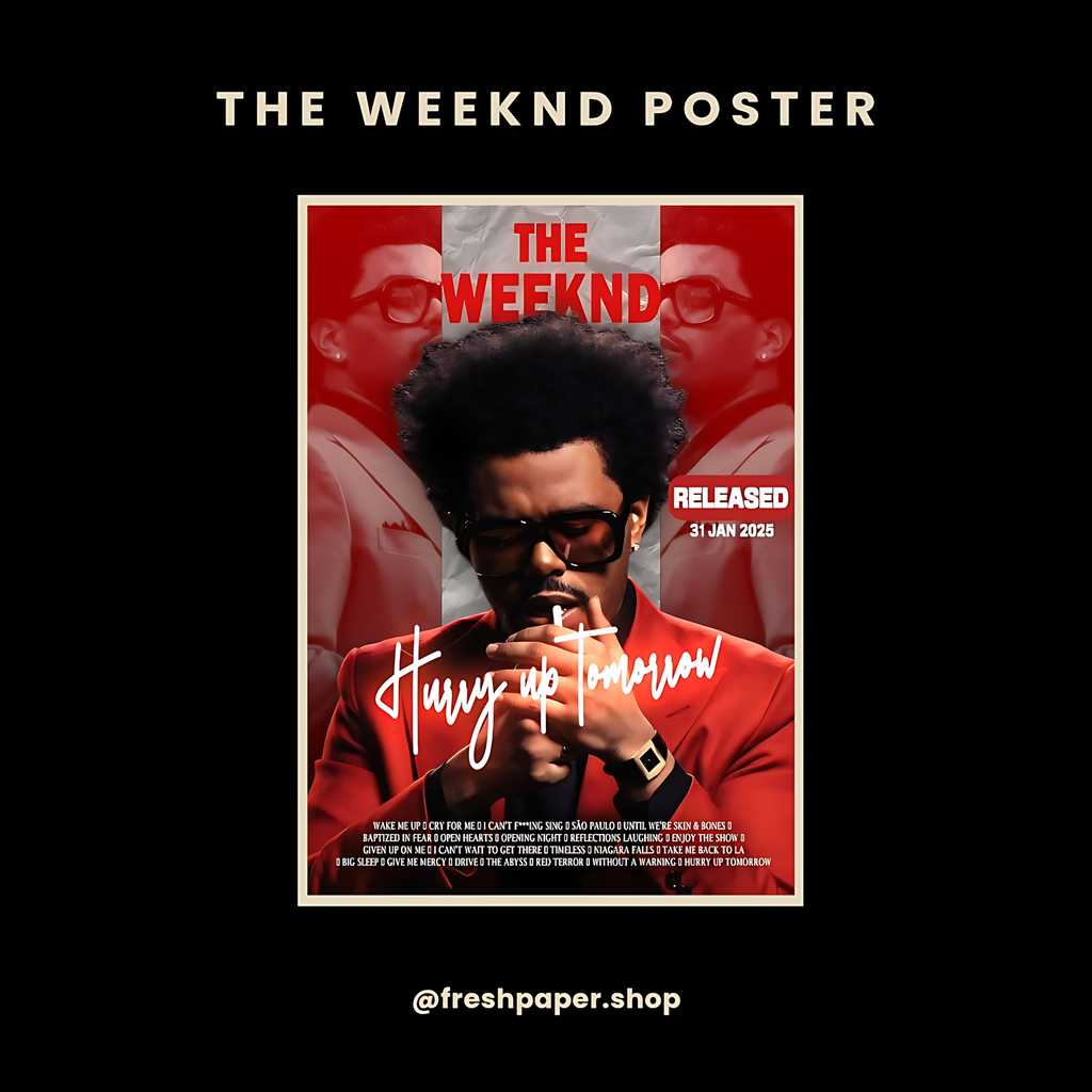 Promotional poster for 'The Weeknd' with text and a stylized image of the artist.