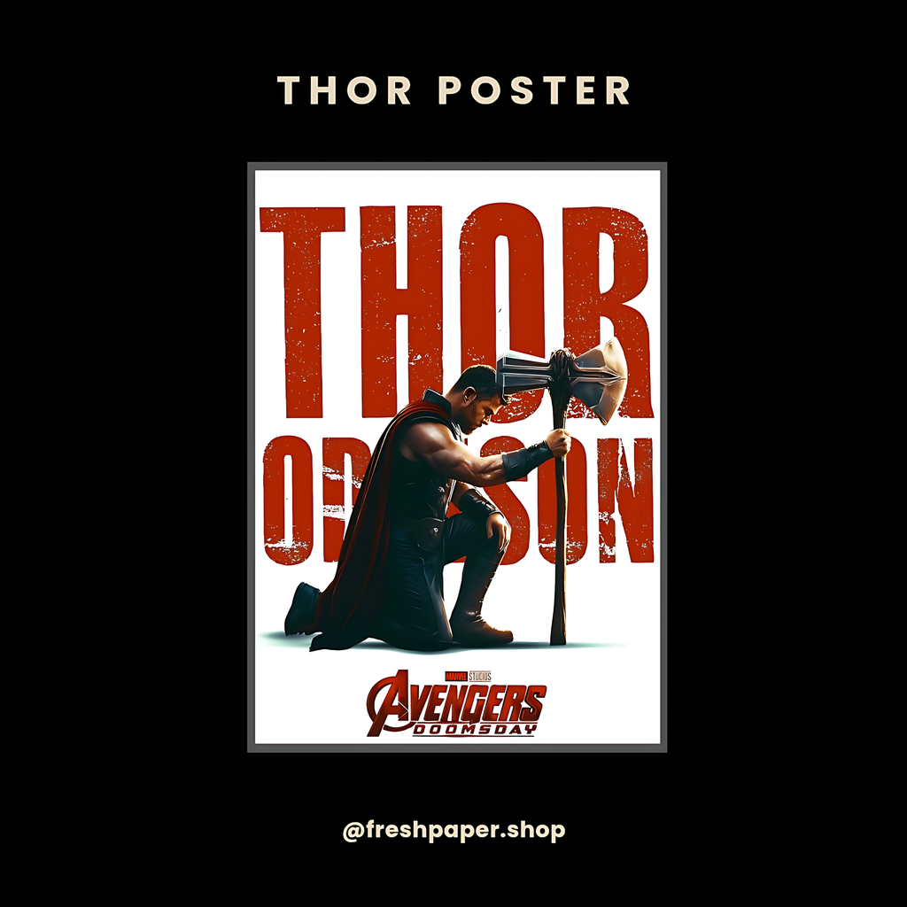 Thor Odinson A4 matte poster from Avengers: Doomsday — Thor kneeling with Stormbreaker against a bold distressed red typographic background spelling THOR ODINSON, by FreshPaper.