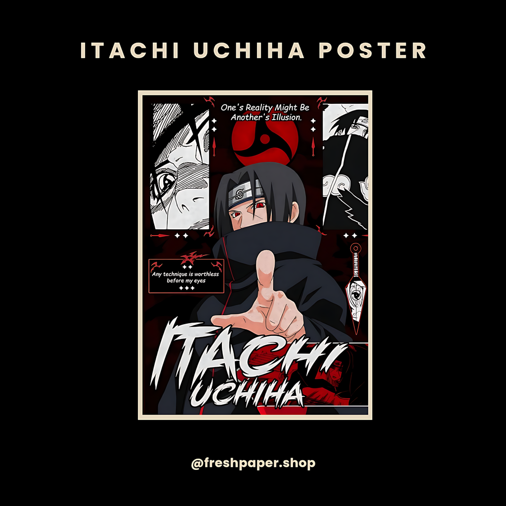 Itachi Uchiha manga-style poster with genjutsu hand pose, Sharingan, and quote panels — premium A4 anime wall art by FreshPaper