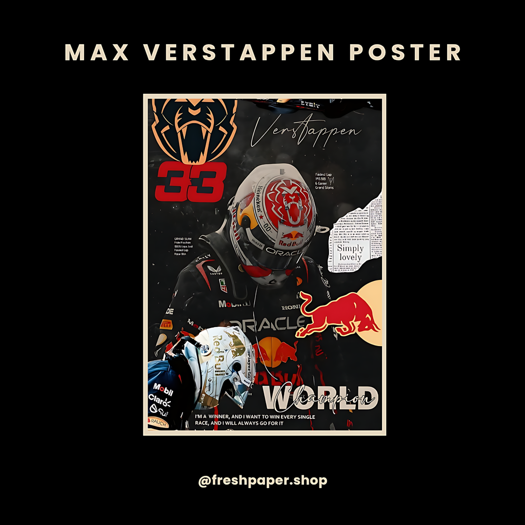 Max Verstappen Formula 1 World Champion poster featuring Red Bull Racing livery, number 33, and championship typography — A4 matte print by FreshPaper