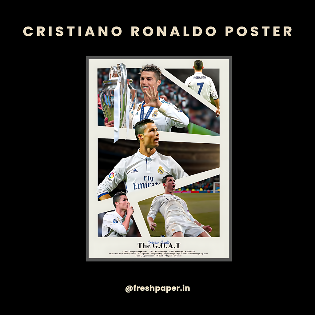 Cristiano Ronaldo poster with multiple images and text on a black background