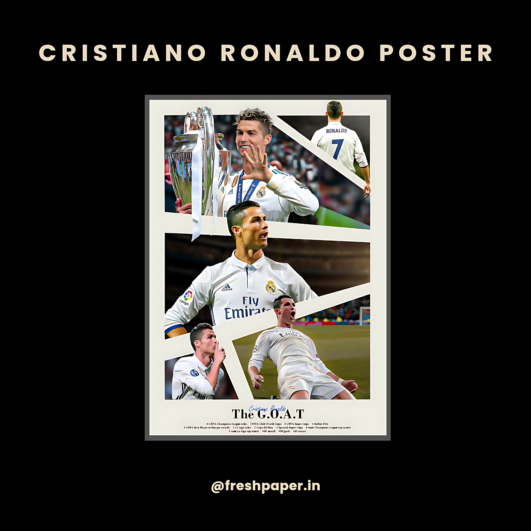 Cristiano Ronaldo poster with multiple images and text on a black background