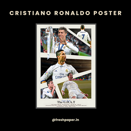 Cristiano Ronaldo poster with multiple images and text on a black background