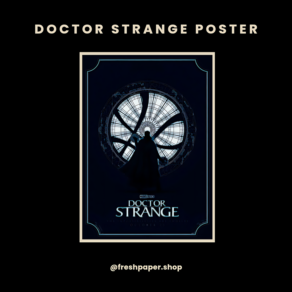 
Doctor Strange silhouette poster standing before the Sanctum Sanctorum circular window with ice blue light — premium A4 Marvel wall art by FreshPaper