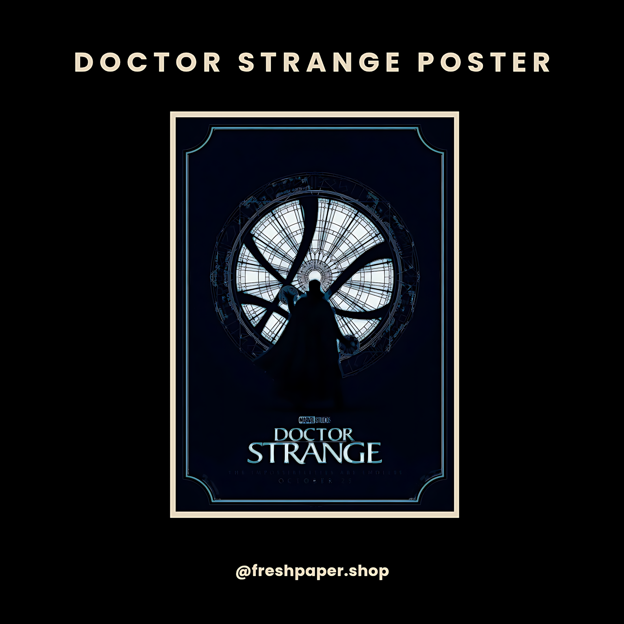 
Doctor Strange silhouette poster standing before the Sanctum Sanctorum circular window with ice blue light — premium A4 Marvel wall art by FreshPaper