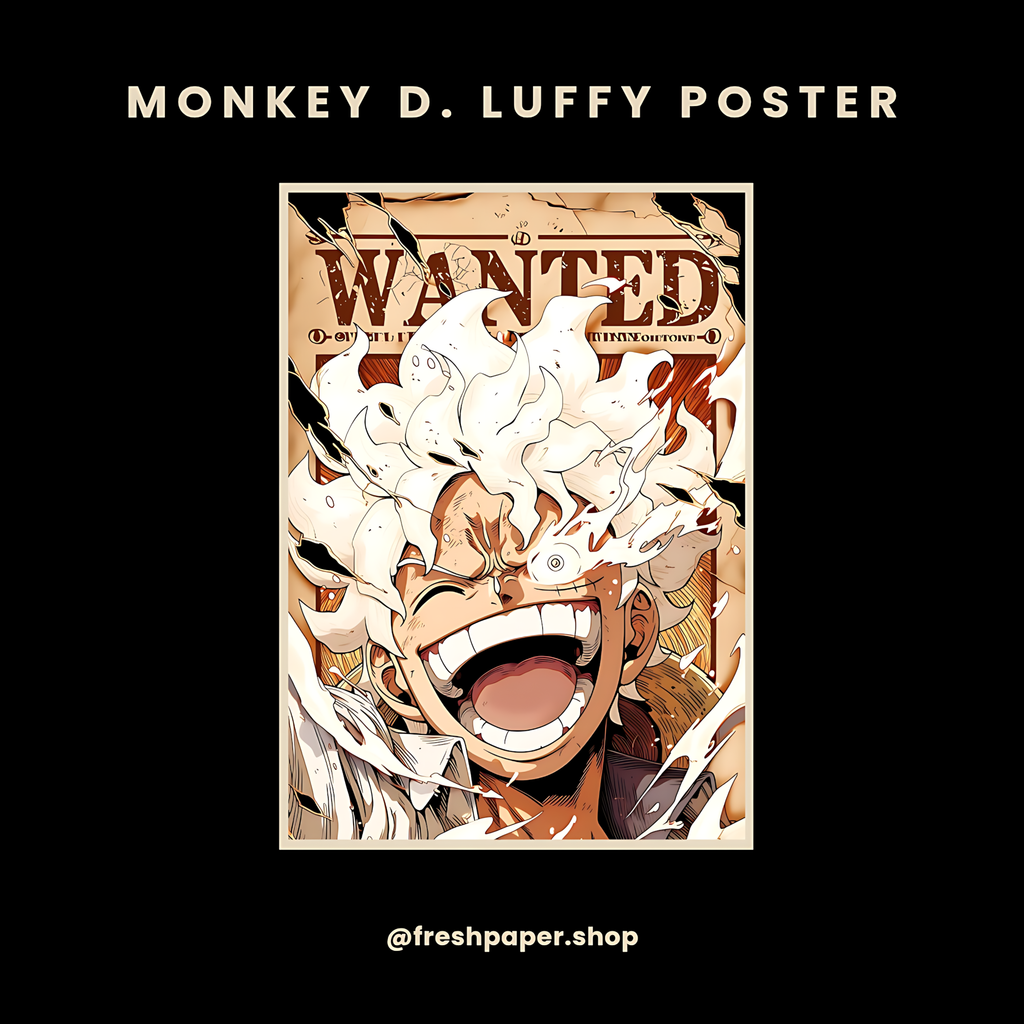 Monkey D. Luffy Gear 5 Wanted poster print with Sun God Nika transformation and laughing face — premium A4 anime wall art by FreshPaper
