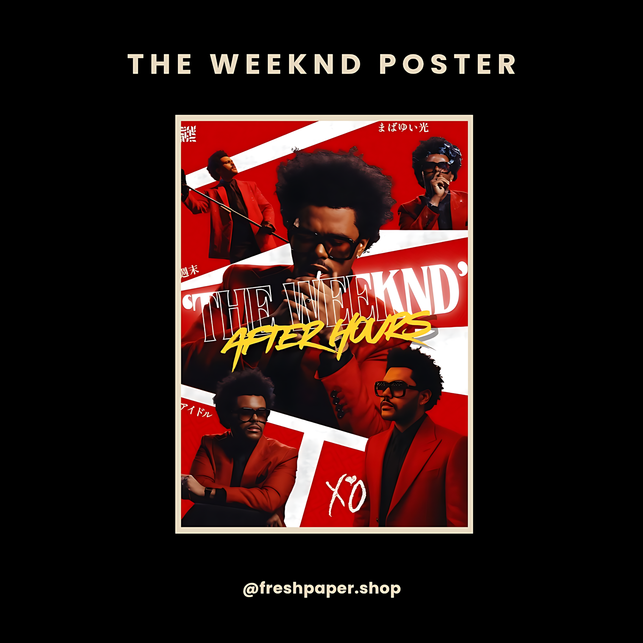 Promotional poster for 'The Weeknd' album 'After Hours' with multiple images of the artist on a red background.