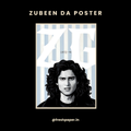 Poster with a stylized portrait of a person and geometric design on a black background, featuring the text 'Zubeen Da Poster' and '@freshpaper.in'.