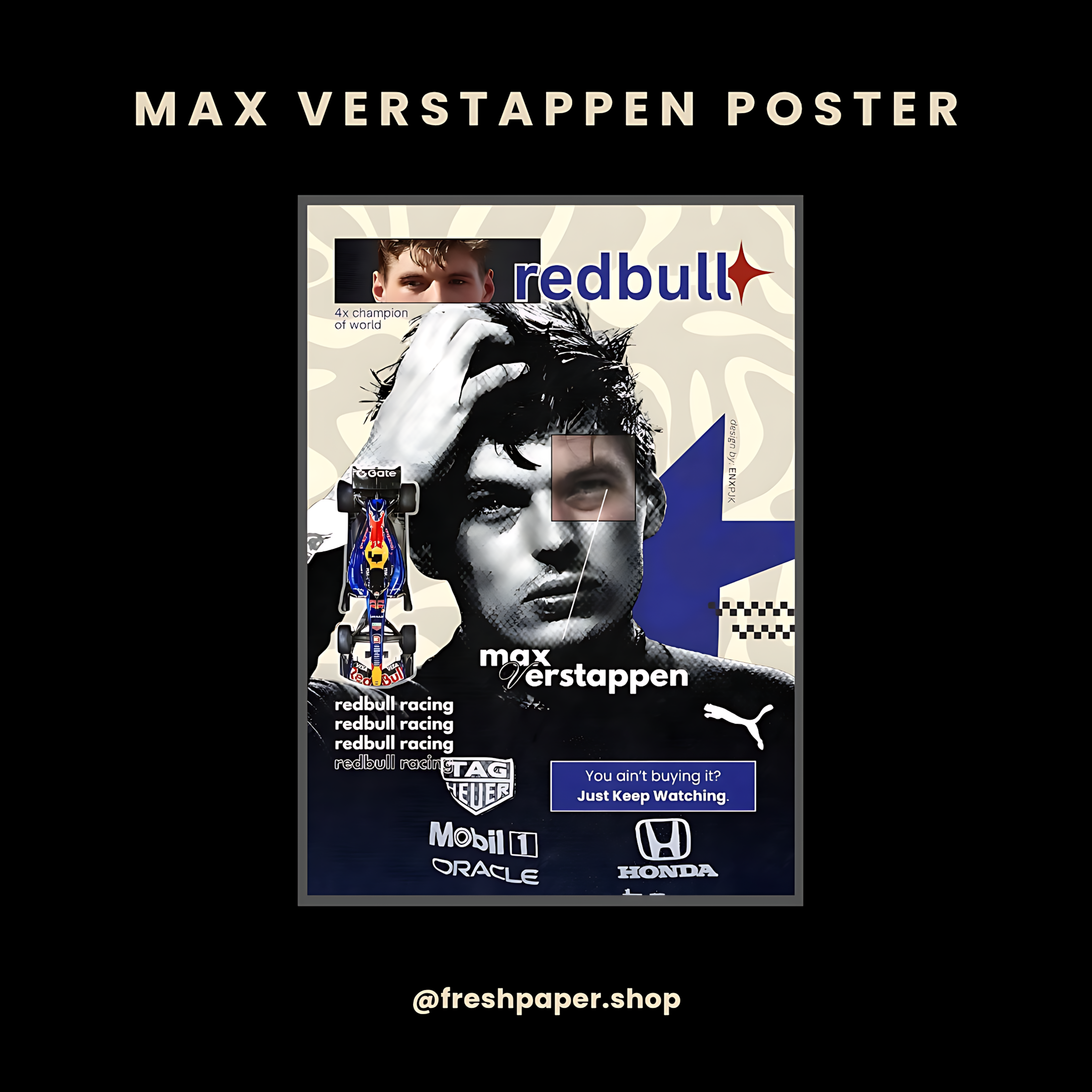 Max Verstappen 4x Formula 1 World Champion poster featuring Red Bull Racing RB collage design with Oracle, Honda, Mobil 1 and Puma branding — A4 matte print by FreshPaper
