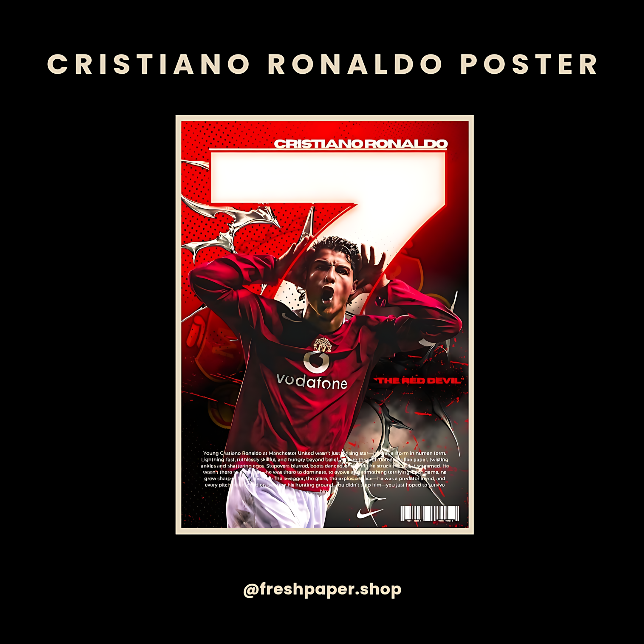 Cristiano Ronaldo poster with red and black design on a black background