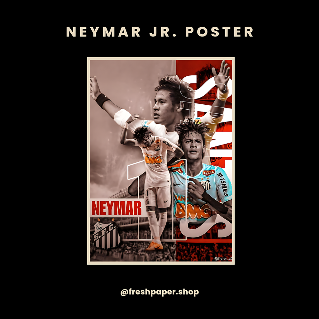 Collage of Neymar Jr. in various poses with text and logos on a black background