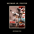 Collage of Neymar Jr. in various poses with text and logos on a black background