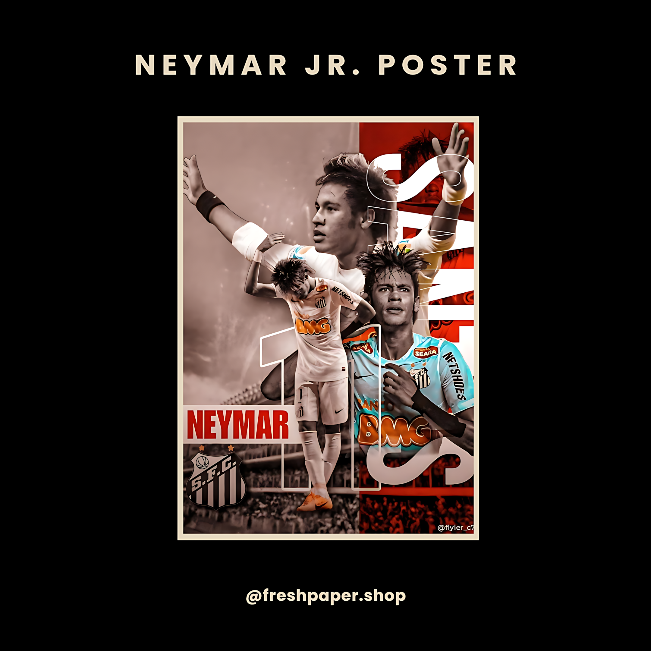 Collage of Neymar Jr. in various poses with text and logos on a black background
