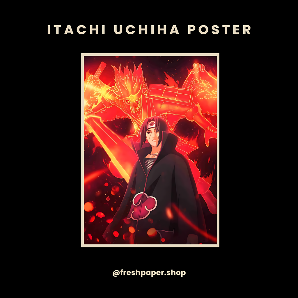 Itachi Uchiha Amaterasu poster with black flames, Susanoo eye, and Akatsuki cloak — premium A4 anime wall art by FreshPaper