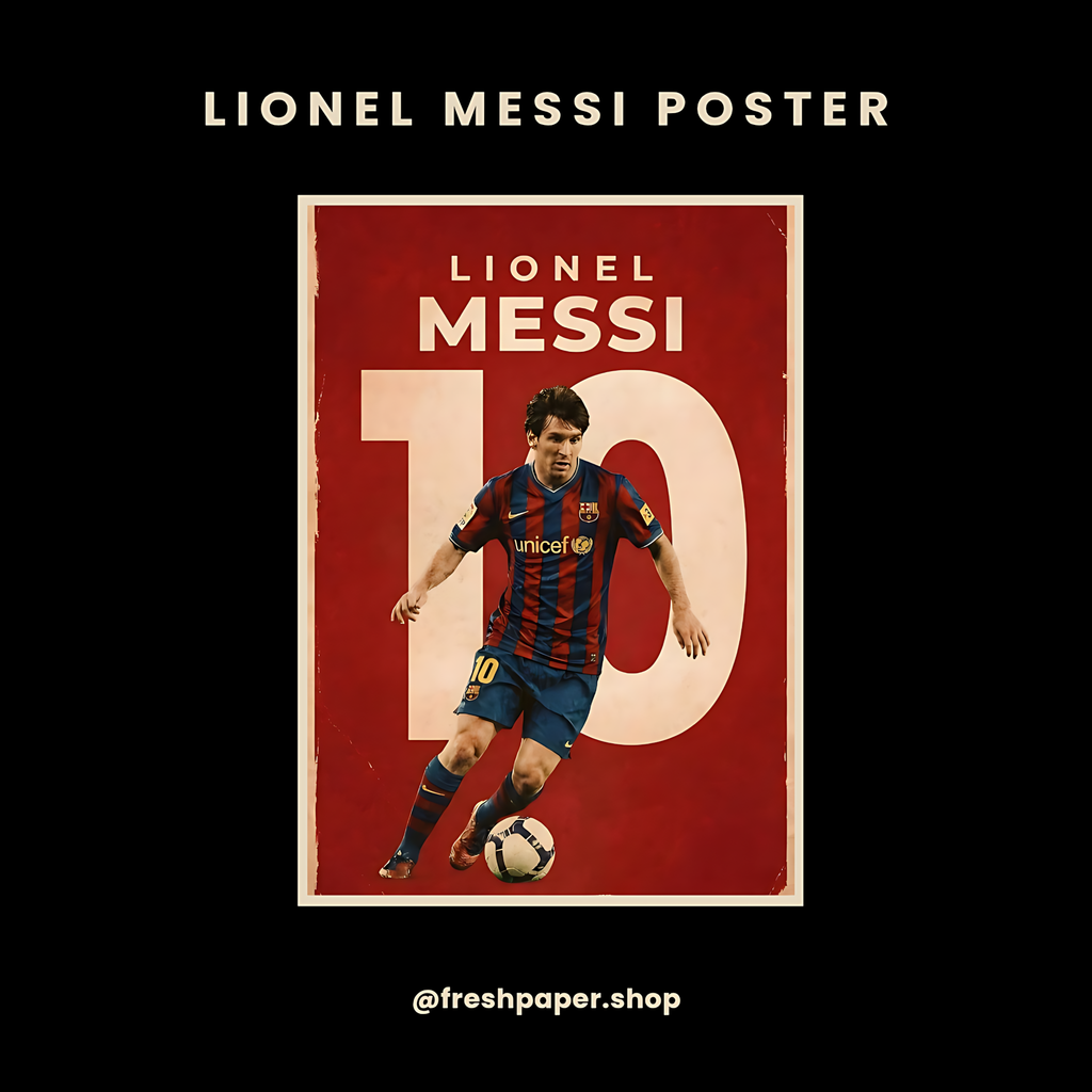 Lionel Messi number 10 vintage retro poster with Barcelona Blaugrana jersey dribbling pose on crimson red background — premium A4 football wall art by FreshPaper