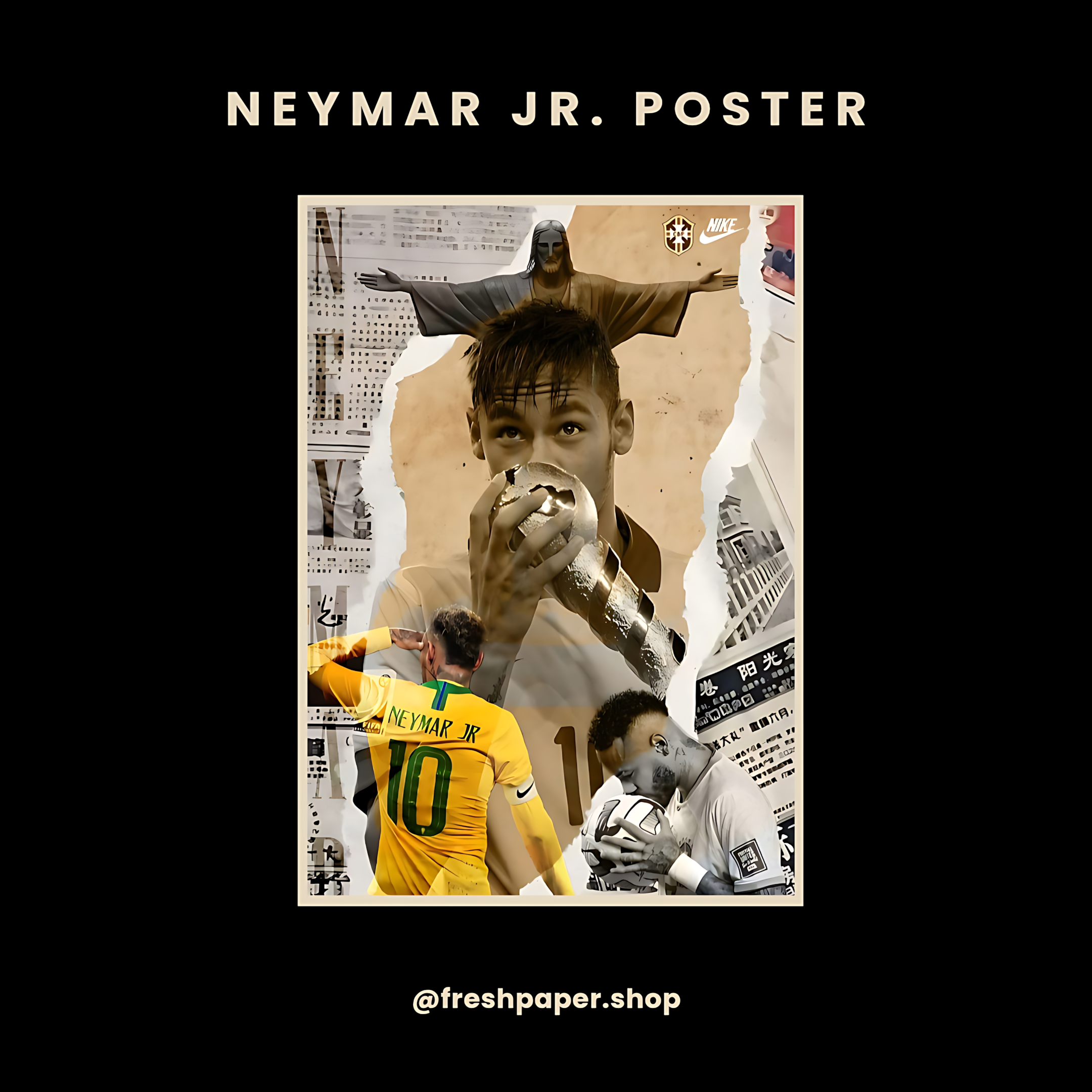 Collage poster of Neymar Jr. with various images and text on a black background
