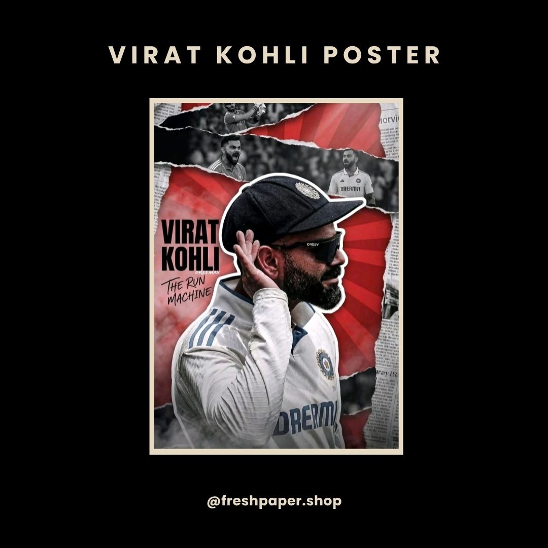 Virat Kohli The Run Machine Test cricket poster featuring newspaper collage design, India whites jersey and Dreami cap — A4 matte print by FreshPaper