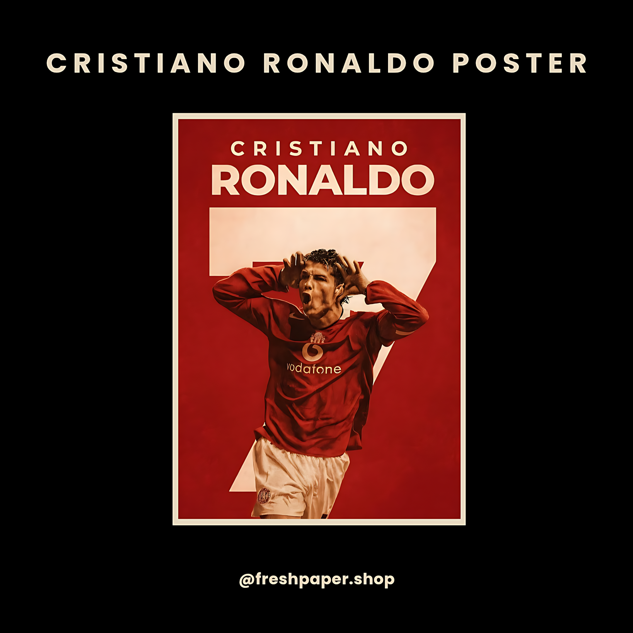 Poster of Cristiano Ronaldo in a red jersey with 'Vodafone' on a red background, featuring the text 'Cristiano Ronaldo'.