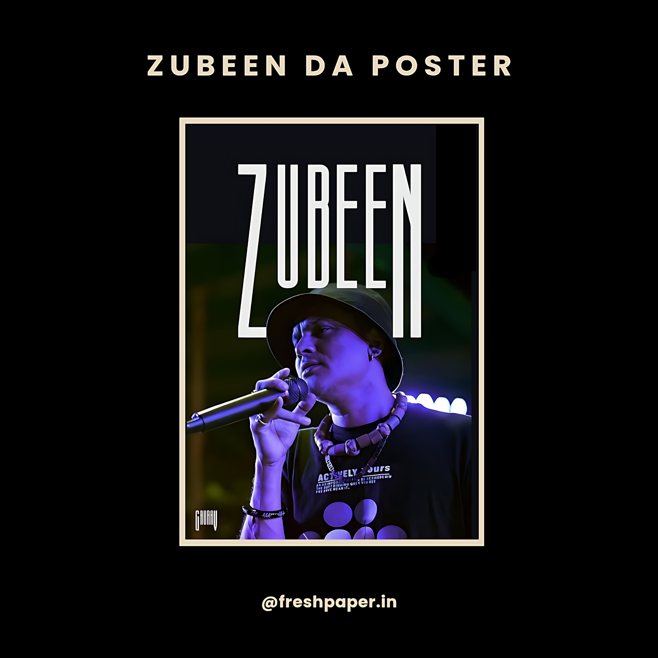Zubeen Garg close-up concert poster with purple stage lighting, microphone, and bold ZUBEEN typography — premium A4 wall art by FreshPaper