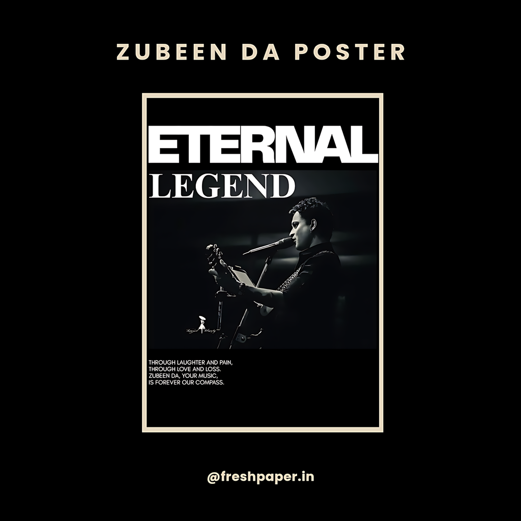 Zubeen Garg Eternal Legend poster in black and white with guitar, tribute poem, and bold ETERNAL LEGEND typography — premium A4 wall art by FreshPaper